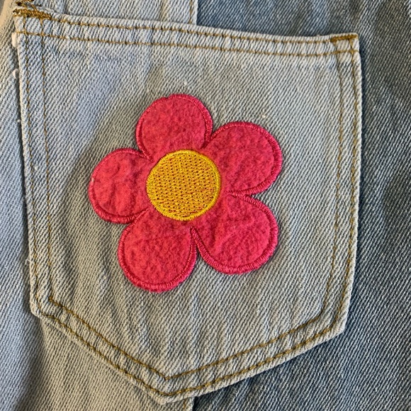 Blue Flower Power Hippie Embroidery Patchwork Flare High Waisted Wide Leg Jeans - Picture 11 of 14